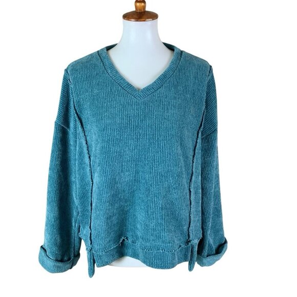Easel Teal Chenille V Neck Pullover Sweater Slouchy Fit Large Cozy Soft - Picture 1 of 6